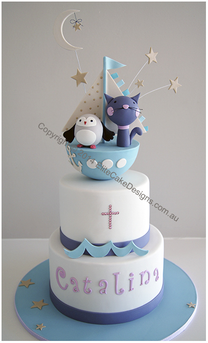 Owl and Cat Sailing under stars boys Christening Cake